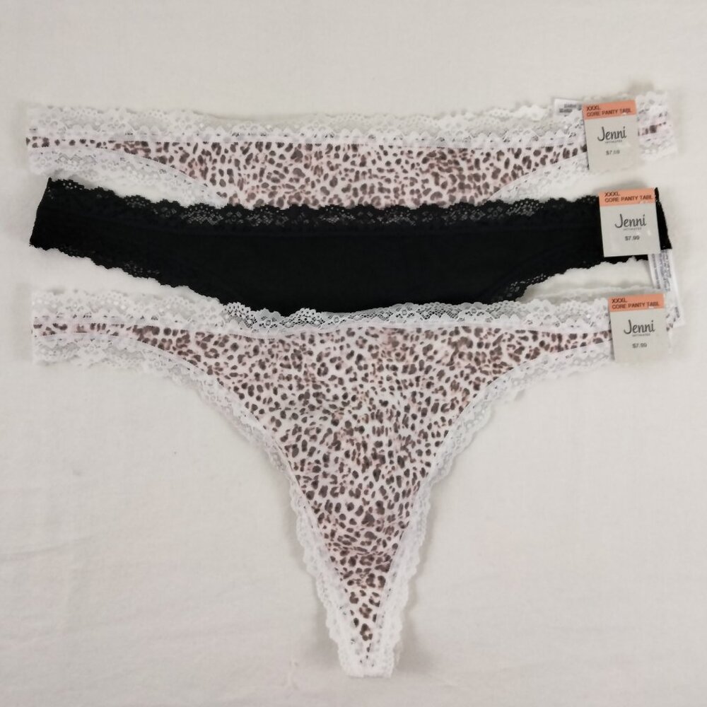 Jenni Women's Lace-Trim Thong 3XL 3 Pairs Pink Leopard Black